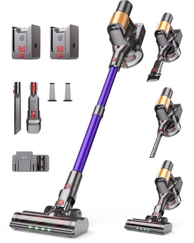 Snowkuna Cordless Vacuum Cleaner, 2 Batteries 120 Mins Runtime, 600W 50KPA Stick Vacuum with Self-Standing, Tangle-Free Brush, LED Display, Vacuum Cleaner for Home Hardwood Floor, Carpet, Pet Hair