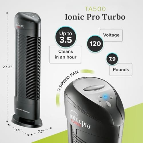 Ionic Pro Turbo (TA550) Ionic Air Purifier Tower for Home, Quiet Ionic Filterless Design, Covers Up to 500 Sq. Ft., Removes Odors, Smoke, Dust, and Allergens – Black 9