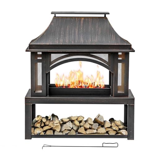 39" Fire Pits with Wood Storage for Outside, Large Wood Burning Outdoor Fireplace with Chimney, Mesh Spark Screen & Fire Poker, Idea for Backyard, Patio, Party, Camping, Picnic