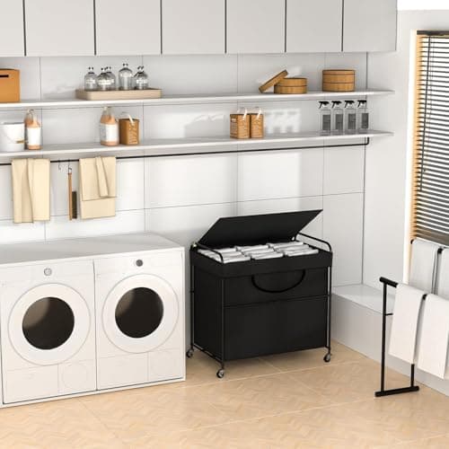 YKDIRECT 180L Large Laundry Hamper, 3 Compartment Laundry Basket with Lid, Removable Bag & Metal Structure with Industrial Wheels, Suitable for Bathroom, Dorm Room, Laundry Room (Black, 180L) 5