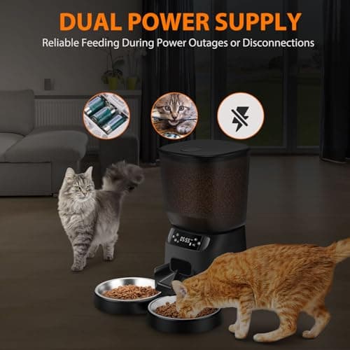 Automatic Cat Feeders for Two Cats, 5L/20 Cups Double Automatic Cat Food Dispenser with 2 Stainless Bowls, Timer Setting 20 Portions 6 Meals Per Day, 10s Meal Call, Pet Feeder for Dog (Black, 5L) 5