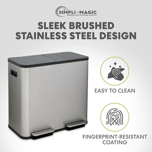 Simpli-Magic 80 Liter / 21 Gallon Rectangular Hands-Free Dual Compartment Recycling Kitchen Step Trash Can with Soft-Close Single Lid, Stainless Steel (40L x 40 L Capacity) Stainless Steel Finish 8