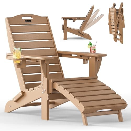 Folding Adirondack Chair with Retractable Ottoman Weather Resistant Fire Pit Chair Patio Chair with 2 Cup Holder Lawn Outdoor Lounge Chair (Teak)