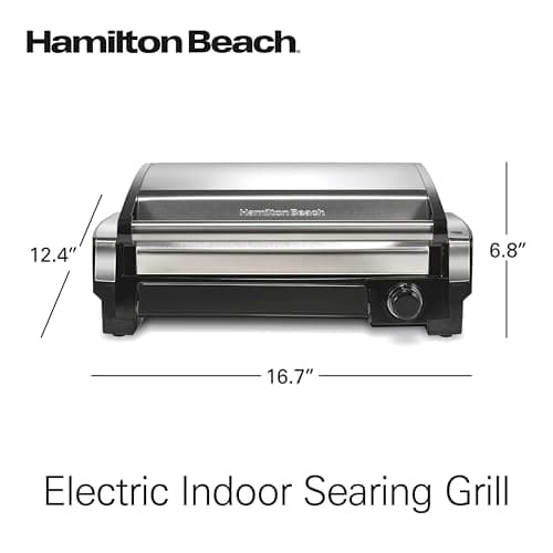 Hamilton Beach Electric Indoor Searing Grill with Adjustable Temperature Control to 450F, 118 sq. in. Surface Serves 6, PFAS-Free Removable Nonstick Grate, Stainless Steel (25360) 8