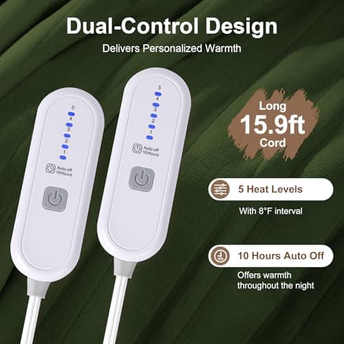 FVERWAG Heating Blanket Queen Size Washable - 84 x 90 Inch Double Zone Electric Blanket with 10 Hours Auto Off, 5 Heat Settings, Soft Flannel Sherpa Heated Blanket for Bed, ETL Certified, Green 3