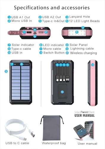 Solar Power Bank 49800mAh, Portable Charger with Built-in 4 Cables, 22.5W Fast Charging Solar Panel Charger for Traveling, Camping and Emergency(Pink) 8