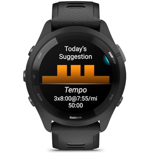 Garmin Forerunner 265 GPS Smartwatch - 46mm, Black/Powder Gray Bundle with Deco Essentials Charging Dock Venu 3 + Silicone Dust Cover + USB Type C Charging and Sync Cable 5