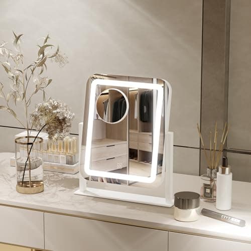 PRIMETEK Vanity Mirror with Lights, 16"x14" Large LED Lighted Makeup Mirror, Hollywood Makeup Mirror, Touch Screen, 3-Color Lighting, 5X Magnification, for Vanity Desk Tabletop, Bedroom, White 5