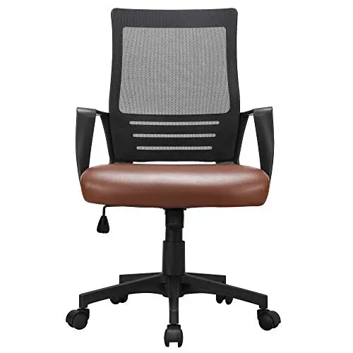 Yaheetech Ergonomic Home Office Chair Leather and Mesh Combine Desk Chair Rolling Swivel Adjustable Mesh Chair with Lumbar Support and Armrests for Office and Home, Brown