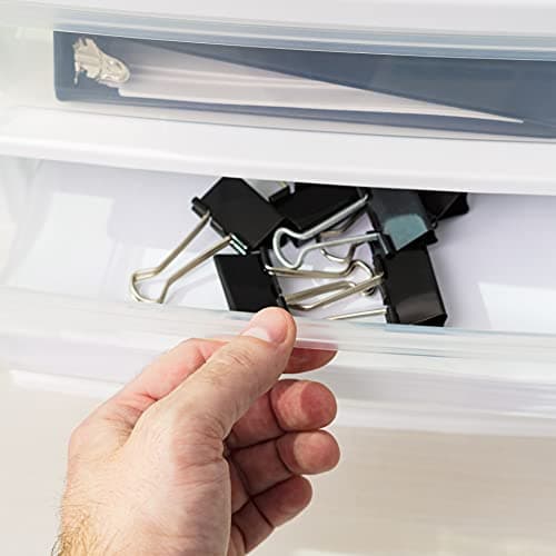 IRIS USA Plastic Stacking Desk Top 3-Drawer Storage Organizer, 2-Pack, for Makeup Vanity Nail Polish Bathroom Stationery Art Craft Supplies Kitchen Office Garage and Small Organization, Medium, White 6