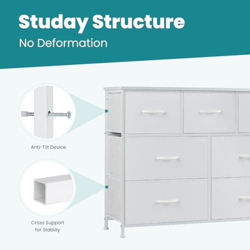 OLIXIS Dresser for Bedroom, 7 Storage Drawers, Wide Fabric Closet Chests Organizer Tower Furniture, TV Stand with Wooden Top Metal Frame for Clothes, Living Room, Hallway, Entryway, Classic White 7