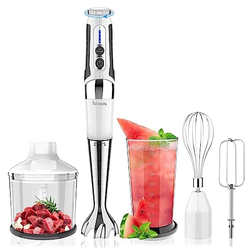 Cordless Immersion Blender: 4-in-1 Rechargeable Cordless Hand Blender, 21-Speed & 3-Angle Adjustable with Chopper, Beaker, Whisk, Beater for Milkshakes | Smoothies | Soup Baby Food (White)