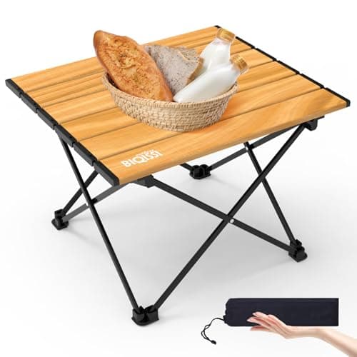 Biqissi Portable Small Camping Table, Compact Camping Side Table with Carrying Bag, Ultralight Aluminum Beach Table Folding for Hiking, Camping, Picnicking, BBQ, Outdoor Cooking (Wood Small 16")