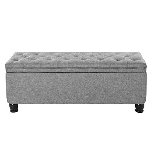 SONGMICS Storage Ottoman, Storage Bench, Tufted Entryway Bedroom Bench, 17.7 x 46.5 x 17.7 Inches, Hinges Easy Lid Operation, Wooden Legs, Linen-Look Cover, Loads 330 lb, Light Gray ULOM070G02 9
