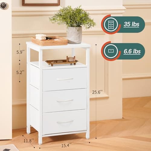 Yoobure Night Stand with Charging Station, 16 Colors LED Nightstand with USB Ports and Outlets, End Table with 3 Fabric Drawers and Storage Shelf, Bedside Tables Small Dresser for Small Space White 3