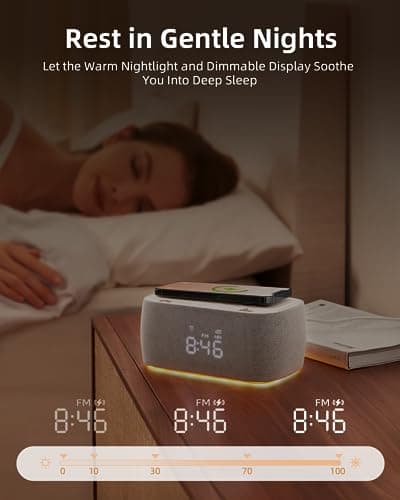 EZVALO Alarm Clock with Wireless Charger,Multifunctional Digital Clock Radio with Speaker,Dimmable LED Display with 9V&2A Fast Charging Port,Night Light for Bedroom, Gray 4