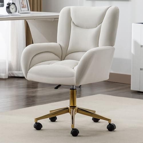 Ochangqi Cute Vanity Chair with Back for Bedroom, White Velvet Office Chair Comfy for Office, Adjustable Heigh, 360 Swivel and Gold Base (White)