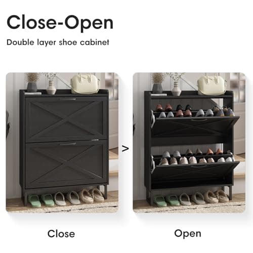 Maupvit Shoe Storage Cabinet with 2 Flip Drawers, Freestanding Organizer with Metal Legs for Entryway, Narrow Shoe Rack Cabinet, Black 5