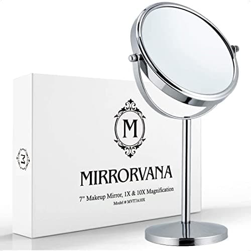 10X Magnifying Makeup Mirror on Round Stand for Tabletop, Bedroom Vanity Desk and Bathroom Counter - Free Standing Double Sided 10X/1X Magnification Mirror - 7" Wide and 14" Tall (Chrome)