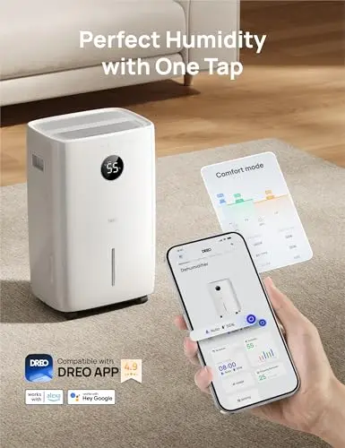 DREO 110-Pint Smart Dehumidifier for Basement, 4500 Ft² for Large Room, 2 Gallon Water Tank, Auto/Comfort/Constant Mode Dehumidifiers for Home, Bedroom, Bathroom, with Drain Hose, White, 711S 6