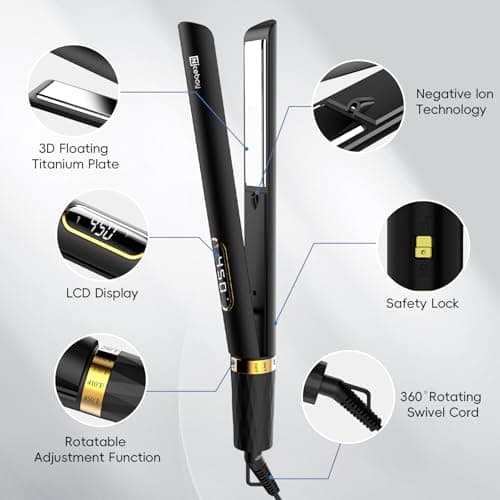 Nicebay Hair Straightener and Curler Fast Heating Titanium Iron with 5 Temp Settings and Negative Ion Technology, Travel-Friendly 6