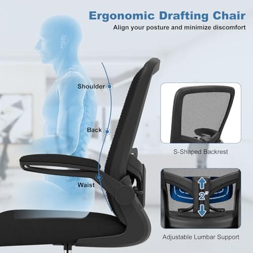 POWERSTONE Drafting Chair - Ergonomic Tall Office Chair for Standing Desk with 3IN Thick Cushion, Flip-up Arm, Adjustable Back Support & Footrest Workbench Rolling Stool Computer Chairs (Black 1 pcs) 8