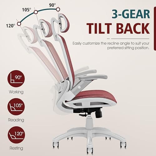 GABRYLLY Ergonomic Office Chair, High Back Home Desk Chair with Headrest, Flip-Up Arms, 90-120° Tilt Lock and Wide Cushion, 300LBS Mesh Chairs for Man Woman, White Task Chair(Red,GY01WR) 8