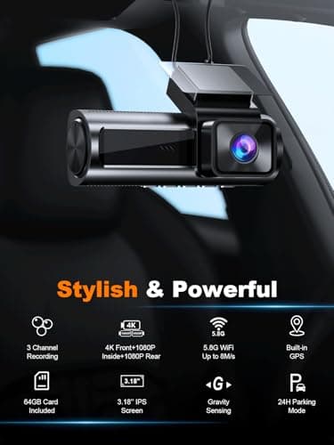 Nanoby 4K 3 Channel Dash Cam Front and Rear Inside, Built-in 5.8GHz WiFi GPS, 64GB Card Included, 4K+1080P+1080P Dash Camera for Cars, 3.18'' IPS Screen Dashcam with G-Sensor, 24H Parking Monitor 5