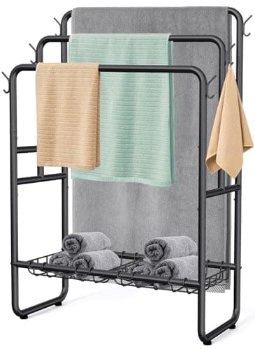 Kayfia 40" H Towel Rack Freestanding, 3-Tier Bath Towel Holder Stand with Storage Baskets & Hooks, Blanket Drying and Display Rack for Oversized Bath Towels, Metal Towel Rack Stand Indoor Outdoor
