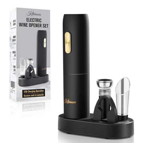 KITVINOUS Electric Wine Opener Set with Charging Base, Reusable Automatic Wine Bottle Opener with LED Light, Portable Corkscrew with Pour & Preserver Vacuum Stopper, Black