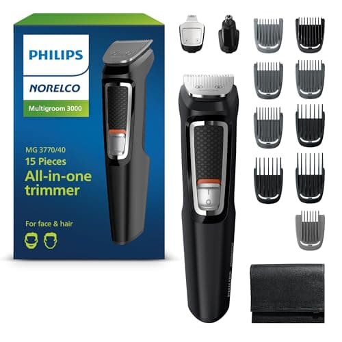 Norelco Philips Multigroom 3000 Series, All-in-One Trimmer, Beard Trimmer and Hair Clipper, 15-Piece Men's Grooming Kit for Head, Beard, Face, Nose, Ears, No Blade Oil Needed, Soft Pouch, MG3770/40