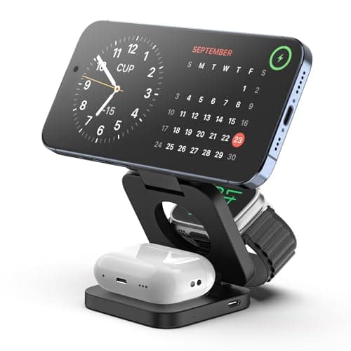 KU XIU Fast Wireless Charger, Magnetic Foldable 3 in 1 Charging Station for iPhone 17/16/15/14/13/12/Pro/Plus/Pro Max, 5W Portable Charger for Apple Watch10/9/8/7/6/5/4/3/SE, for Airpods3/2/Pro-Black