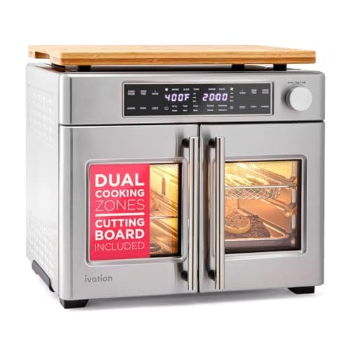 Ivation Dual Zone Air Fryer French Door Oven - 32 Quatity Convection Toaster Combo, 10-in-1 Multifunction Up to 450° - 1800W - Temperature Control, Timer - Stainless Steel - Dehydrate, Bake, Roast