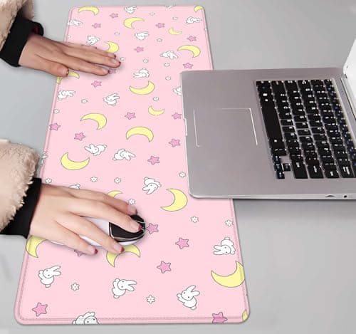 IMAYONDIA Pink Kawaii Desk Pad, Cute Moon Bunny Desk Mat Computer Pad Desktop,Laptop Protector Aesthetic Anime Mousepad Writing Pad for Office Home School,Large Gaming Mouse Pad Tarot Mat,31.5 X 11.8 7