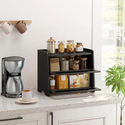 JANSNIMEN Double Layer Bread Box for Kitchen Countertop, Large Breadbox Bread Container Storage with Acrylic Door, Wooden Farmhouse Bread Holder (Black, Medim-15.7" L x 9.5" W x 13" H) 6