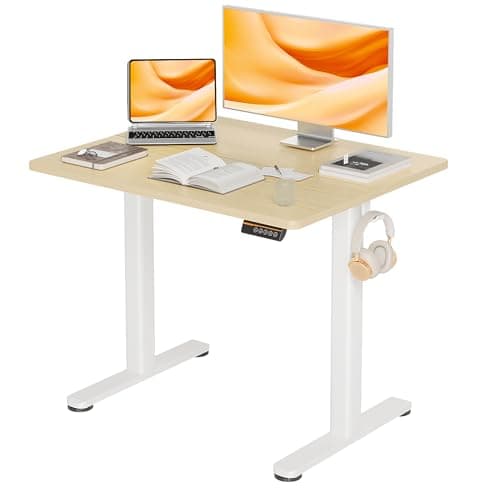 Claiks Electric Height Adjustable Stand Up Desk, 35x20 Inches Sit Stand Desk for Home Office, Nature Top/White Frame