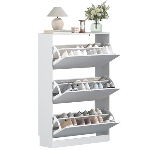 Wodeer Shoe Storage Cabinet with 3 Flip Drawers, 47" Slim Wood Shoe Cabinet with Adjustable Shelf, Freestanding Hidden Shoe Rack Organizer for Entryway, Hallway, White