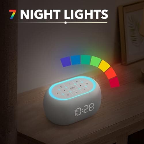 ANJANK White Noise Sound Machine Alarm Clock with Bluetooth Speaker, 21 Relaxing Sounds, 7 Night Lights,0-100% Dimmer/Sleep Timer/30-Level Volume Control,Sound Machine for Kids Adults Sleeping,Bedroom 5