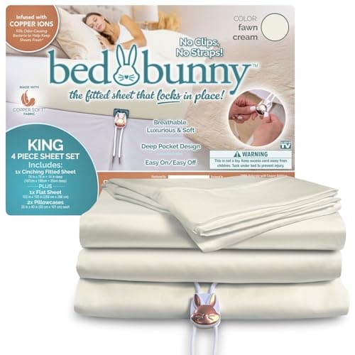 Bed Bunny King Locking Fitted Bed Sheet Set (4 Pcs), Stays On & Won’t Slip Off, Built-in StayFit Compression System Hugs Mattresses, AS SEEN ON TV, Wrinkle & Stain Resistant CopperSoft™ Fabric (Cream)
