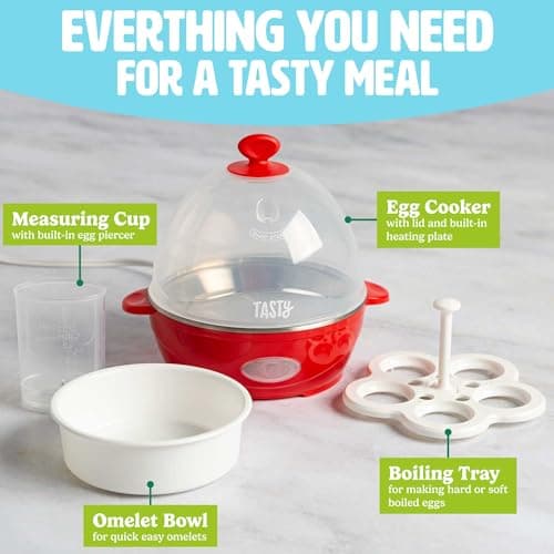 Tasty Mini Rapid Egg Cooker, 5-Egg Capacity for Perfect Hard Boiled Eggs or Omelets, Auto Shut Off, Red 5