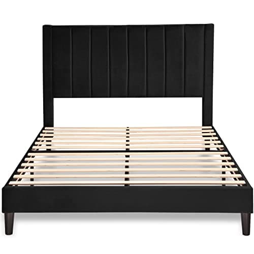 Allewie Queen Bed Frame/Velvet Upholstered Bed Frame with Vertical Channel Tufted Headboard/Strong Wooden Slats/Platform Bed Frame/Mattress Foundation/Box Spring Optional/Easy Assembly/Black 9
