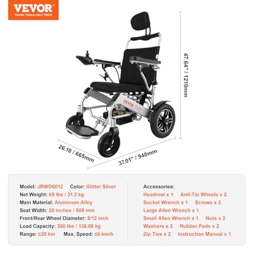VEVOR Electric Wheelchair for Adults Seniors, 300 lbs Weight Capacity, 20 in Width Lightweight Foldable Motorized Wheelchairs, 20Ah Battery All Terrain Aluminum Alloy Chair, Adjustable Backrest 7