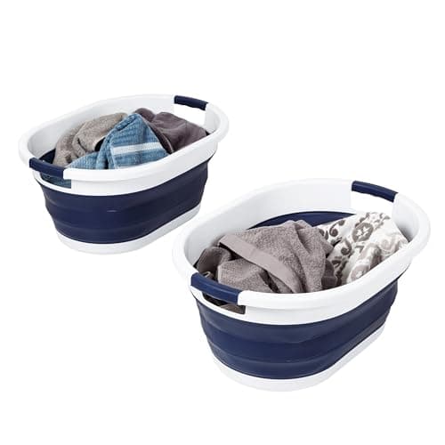 Honey-Can-Do Honey Can Do Set of 2 Collapsible Rubber Laundry Baskets With Handles, Navy Blue & White HMP-09827 Navy Blue