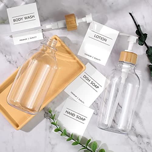 KASUNTING Clear Soap Dispenser, 2 Pack Plastic Dish Soap Dispenser for Kitchen, 17 Fl Oz Bathroom Hand Soap and Lotion Dispensers Set with Bamboo Pump, Refillable Liquid Soap Bottles 8