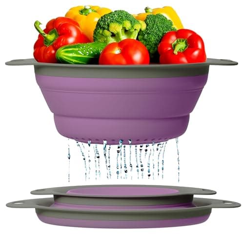 Ultimate Kitchen Strainers Set of 2 - Collapsible Silicone Colanders For Easy Storage by Comfify - Use with Pasta & Veggies or as a Fruit or Berry Bowl with Strainer - Irreplaceable for Campers-Purpel