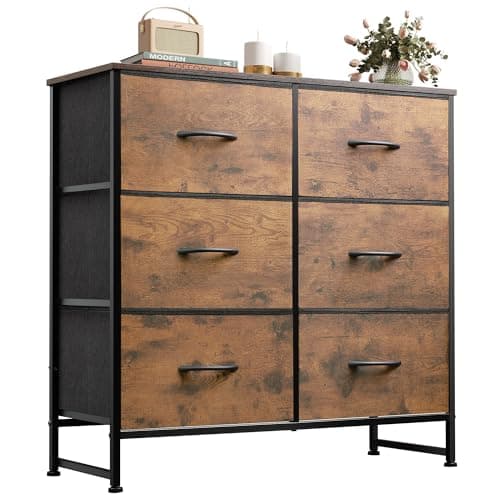 WLIVE 6 Drawer Dresser for Bedroom, Fabric Double Dresser, Storage Tower with Fabric Bins, Chest of Drawers for Closet, Living Room, Hallway, Rustic Brown Wood Grain Print