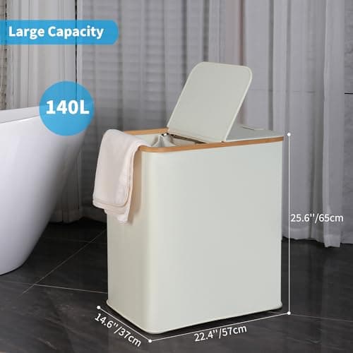 efluky Laundry Hamper with Lid, Double Laundry Hamper with 2 Removable Bags, 2 Section Laundry Basket with Bamboo Handles for Bathroom, Bedroom & Laundry Room, 140L (36.9 Gallon) Beige 5