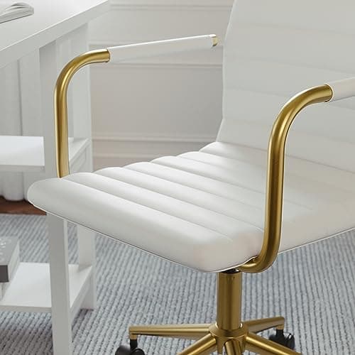 Martha Stewart Taytum Swivel Task Chair with Armrests for Home Office in White Faux Leather with Polished Brass Frame 8