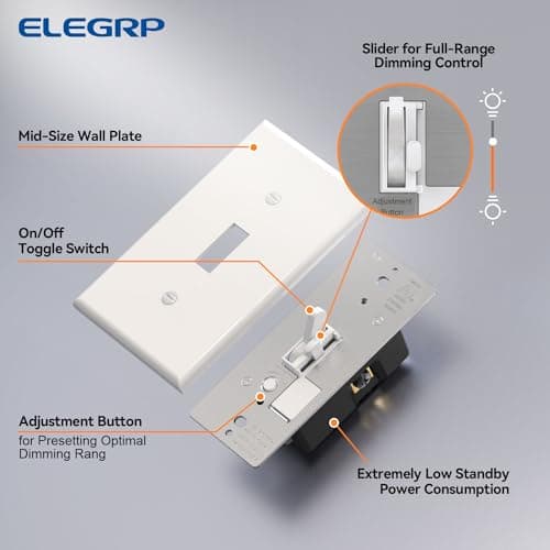 ELEGRP Digital Toggle Dimmer Switch for Dimmable LED, CFL and Incandescent Light Bulbs, Single Pole or 3-Way Toggle LED Dimmer Light Switch, Wall Plate Included, UL Listed, 6 Pack, White 6