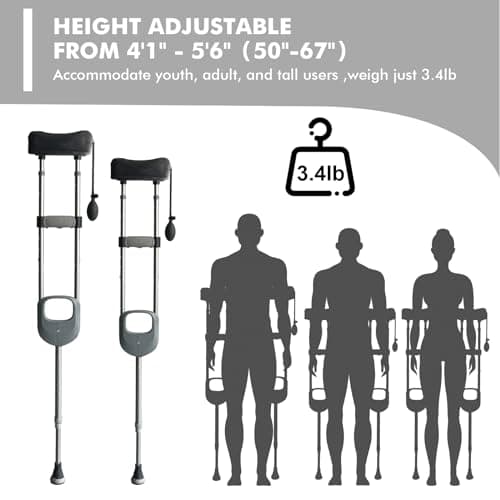 Folding Aluminum Underarm Crutches-Underarm Walking Crutches,Height Adjustable from 4'11" to 5'6", Upgraded Inflatable Airbag Design for Avoiding Axillary Pain,Walking Aid for Teens to Adults 6
